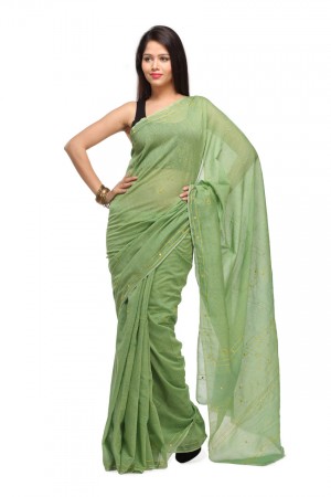 Saree Chanderi Light Green With Khadi Print