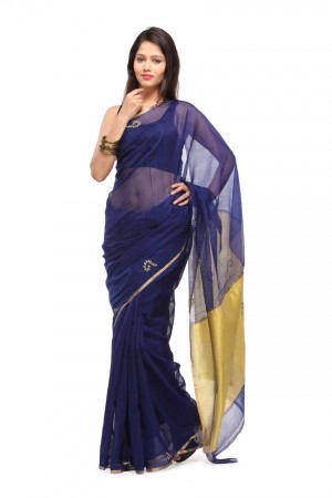 Saree Chanderi Peacock Blue With Golden Border